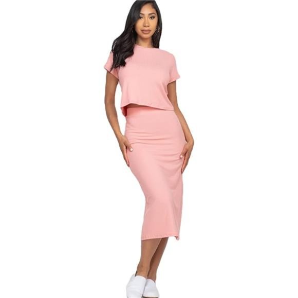 Variété Boutique Dresses & Skirts - Women’s 2 Piece Set Ribbed Knit Short Sleeve Crop Top and Midi Skirts